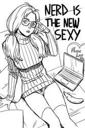 1girls anna_(tekuho) banana bimbo braces english_text food glasses kneehighs looking_at_viewer monochrome nerd notebook panties ponytail sexually_suggestive sitting sketch solo sweater tagme teenager tekuho thighhighs twintails