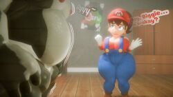 1boy 1girls 3d anthro background big_breasts big_man_(splatoon) blender_(artwork) blender_(software) blue_eyes breasts brown_hair bulge crack_pairing crack_ship dialogue earrings female gloves idiotboxangel male manta_ray maria_(detnox) mariette mario_(series) musclegut nintendo nipples overalls rule_63 splatoon splatoon_(series) super_mario_bros. thick_thighs wooden_floor