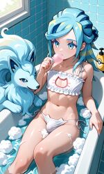 1boy ai_generated alolan_ninetales bath bathing bathroom bathtub blowing blowing_bubbles blue_eyes bra bubble_bath bubbles bulge cat_cutout femboy friends grusha_(pokemon) happy lingerie male nail_polish nails_painted ninetales otoko_no_ko panties playing playing_in_bathtub playing_with_bubbles pokemon thighs water
