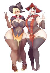 2d 2girls alternate_costume ashe_(overwatch) big_breasts blizzard_entertainment blush breasts cleavage female female_only high_heel_boots high_heels large_breasts looking_at_viewer mercy overwatch sunnysundown thick_thighs thighhighs warlock_ashe wide_hips witch_mercy