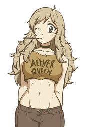 1girls arms_behind_back belly belly_button black_eyes blonde_hair blush choker fire_emblem fire_emblem_fates fire_emblem_heroes hayato_stuff jeans long_hair medium_breasts one_eye_closed ophelia_(fire_emblem) pale_skin pocky pocky_day shorts solo teenager tummy wavy_hair wink