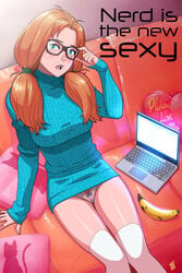 1girls anna_(tekuho) banana braces buckteeth ginger ginger_hair glasses green_eyes kneehighs laptop looking_at_viewer nerd original panties ponytail pussy_peek red_hair red_pubic_hair solo sweater tagme teenager tekuho thighhighs twintails white_kneehighs white_legwear white_panties white_thighhighs