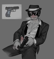 biting_lip chance_(forsaken) clothed fedora forsaken_(roblox) gun gunplay nonbinary_(lore) precum_bubble sosyaloh sunglasses tagme unbuttoned_shirt untied_tie