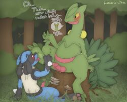 2boys animal_genitalia animal_penis anthro blush bodily_fluids canid canine canine_genitalia canine_penis dialogue dominant duo feet foot_fetish foot_focus foot_lick foot_play forest forest_background generation_3_pokemon generation_4_pokemon genital_fluids genitals hi_res inner_monologue knot knotted_penis licking lucario lucario-desu male male/male male_lucario male_only nature nature_background nintendo paws penis plant pokemon pokemon_(species) precum scalie sceptile sitting slit_(disambiguation) territorial thinking tongue tree