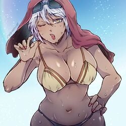 1girls big_breasts bikini dark-skinned_female female female_only giga_omega handjob_gesture jojo's_bizarre_adventure mariah_(jjba) nipple_bulge red_nails solo stardust_crusaders sunglasses sweat tongue