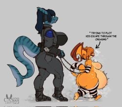 ass bat_wings belly big_belly big_breasts big_butt bodily_fluids breasts casloafy clothing cum cum_inside duo english_text female genital_fluids hair hi_res huge_butt inflation long_hair male membrane_(anatomy) membranous_wings nipples nude shark_tail short_hair size_difference smaller_male text wings