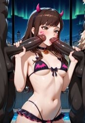 1girls ai_generated aurora brown_eyes brown_hair brunette_female brunette_hair cosplay d.va fellatio fellatio_gesture female genshin_impact giant_penis group group_sex halloween halloween_costume halloween_theme hilichurls_(species) long_hair male multiple_boys multiple_males outdoors overwatch penis pool poolside pretty pussy size_difference stockings vaginal_penetration wavy_hair