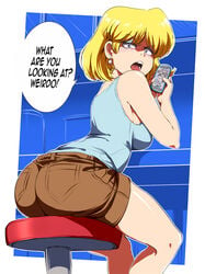 1girls ass back_view big_ass blonde_female blonde_hair breasts clothes clothing dat_ass english_text female female_only jcm2 lori_loud nickelodeon rear_view seductive shorts sideboob solo solo_female speech_bubble tank_top text the_loud_house thighs