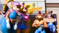 1boy 3girls anger_vein anthro background big_areola big_breasts black_lipstick blender blender_(artwork) blonde_hair breasts brown_hair bubble_butt busty crash_(series) crash_bandicoot crash_bandicoot_(series) dialogue female fishnet_armwear green_eyes hearts idiotboxangel male mohawk_(hairstyle) multiple_females multiple_girls muscular muscular_male nipples ocxcanon original_character pasadena_o'possum pouting red_eyes red_hair rifle ripped_clothing sfw street stretched_clothing tawna_bandicoot thick_thighs