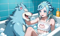 1boy ai_generated bath bathing bathroom bathtub beartic blowing blowing_bubbles blue_eyes bra bubble_bath bubbles bulge cat_cutout femboy friends grusha_(pokemon) happy lingerie male nail_polish nails_painted otoko_no_ko panties playing playing_in_bathtub playing_with_bubbles pokemon thighs water