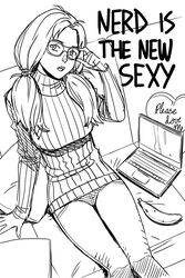 1girls anna_(tekuho) banana bimbo braces breasts couch english_text food glasses jeans looking_at_viewer monochrome nerd notebook ponytail sitting sketch solo sweat sweater tagme teenager tekuho twintails