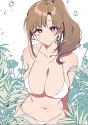 big_breasts bikini blush brown_hair cleavage female_only long_hair mature_female milf navel oosuki_mamako pochi_(pochi-goya) purple_eyes solo tsuujou_kougeki_ga_zentai_kougeki_de_ni-kai_kougeki_no_okaasan_wa_suki_desu_ka?