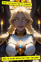 ai_art ai_generated armored_female blonde_female caption character_portrait dungeons_and_dragons female glowing_eyes gold_eyes meme paladin phizben twin_braids
