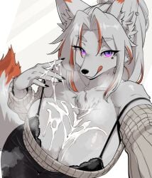 2025 after_oral after_sex anthro arm_tuft bangs bedroom_eyes big_breasts black_bottomwear black_bra black_claws black_clothing black_nails black_nose black_pants black_underwear bodily_fluids bottomwear bra breasts breasts_together canid canine chest_tuft claws clothed clothed_anthro clothed_female clothing colored colored_nails cum cum_between_breasts cum_drip cum_on_body cum_on_breasts cum_on_chest cum_on_hand curtained_hair digital_media_(artwork) dipstick_ears dipstick_tail dripping ear_markings ear_piercing ear_tuft eye_through_hair eyebrow_through_hair eyebrows female fluffy fluffy_chest fluffy_tail fox fur gayoku_midara genital_fluids glistening glistening_body glistening_eyes hair huge_breasts inner_ear_fluff kemono licking licking_lips long_hair long_tail looking_at_viewer mammal markings multicolored_body multicolored_ears multicolored_fur multicolored_hair multicolored_tail nails narrowed_eyes orange_body orange_ear_tips orange_ears orange_fur orange_hair orange_hair_tips orange_tail_tip pants pattern_clothing pattern_sweater pattern_topwear piercing pink_eyes ponytail purple_eyes raised_hand raised_tail red_body red_ear_tips red_ears red_fur red_hair_tips red_tail_tip red_tongue seducing_viewer seductive shaded shoulder_tuft simple_background solo standing steamy_breath striped_clothing striped_sweater striped_topwear stripes sweater tail tail_markings tongue tongue_out topwear translucent translucent_hair tuft underwear white_background white_body white_clothing white_ears white_fur white_hair white_sweater white_topwear