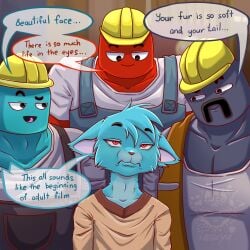 2025 absurd_res annoyed anthro armor artist_name black_eyebrows black_eyes blue_body blue_fur blue_hair blurred_background cartoon_network clothed clothing colored construction_man_(tawog) construction_worker dialogue digital_drawing_(artwork) digital_media_(artwork) domestic_cat ear_tuft english_text eyebrow_through_hair eyebrows facial_hair felid feline felis flirting flirting_look fur george_(tawog) grey_body group gumball_watterson hair hank_(tawog) hard_hat headgear headwear helmet hi_res humanoid lego lego_minifigure male mammal muscular muscular_male mustache overalls pink_tongue red_body red_eyes shaded shirt signature size_difference speech_bubble steve_(tawog) t-shirt tan_clothing tasseya text the_amazing_world_of_gumball tongue topwear translucent translucent_hair tuft url watermark widescreen work_clothes work_uniform workwear