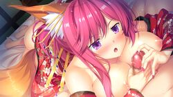 animal_ears ass barefoot blush breasts censored foxgirl game_cg handjob hinata_nao japanese_clothes makibashira_yuuna moonstone_cherry nipples penis pink_hair purple_eyes sex_open_world_e_youkoso! tail