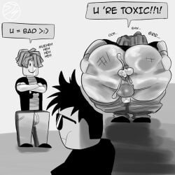 2boys after_anal after_sex anus ass ass_focus bacon_hair balls big_ass bulge chat_bubble cum cum_in_ass cum_inside dialogue english_text gay male male/male male_only monochrome pants_down roblox robloxian sujeito4 tagme text yaoi