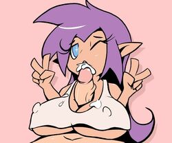 1boy 1girls alternate_breast_size belly_button big_breasts blue_eyes cum cum_in_mouth cum_on_breasts doughroom elf_ear female female_focus huge_breasts male midriff nipples_visible_through_clothing paizuri paizuri_under_clothes peace_sign penis purple_hair shantae shantae_(character) tank_top wink