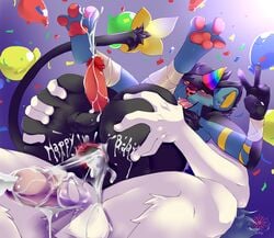 2019 2boys 3_toes 5_fingers after_anal after_sex ahe_gao alternate_color anthro anthrofied arm_grab armpits ass ass_grab balloon bandage big_ass big_ears big_penis big_testicles birthday black_body black_fur blue_fur blush bodily_fluids body_writing confetti cum cum_in_ass cum_inside cum_on_penis cumshot digital_media_(artwork) duo erection feet feline fur furry genital_fluids half-closed_eyes hat hi_res holding humanoid_penis interspecies large_ass large_penis larger_male leaking legs_up long_penis looking_at_viewer luxray magdathezoroark99 male male_only male_penetrating mammal muscular muscular_male nintendo nude on_top open_mouth original_character pawpads paws penetration penis pokemon pokemon_(species) pokemon_dppt pokemon_gsc precum pull_out purple_background red_sclera rolling_eyes simple_background size_difference small_feet smaller_male smile soles stripes tail teeth testicles text thick_penis thick_thighs tongue typhlosion v veins veiny_penis video_games wet white_fur white_penis wide_hips yellow_eyes yellow_fur