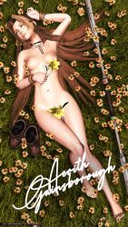 3d_model accessories_only aerith_gainsborough alaska-pollock barefoot breasts brown_hair covering_pussy female final_fantasy final_fantasy_vii final_fantasy_vii_remake flower_in_hand flowers green_eyes hair_bangs laying_on_back laying_on_grass long_hair looking_at_side metal_bracelet model necklace nude_female object_between_thighs pinup pose pussy small_breasts solo solo_female staff stave