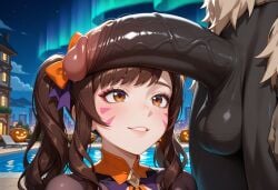ai_generated anthro aurora big_penis big_penis_adoration brown_eyes brown_hair city city_background city_lights cityscape d.va dark-skinned_male duo face_focus female female_focus genshin_impact halloween halloween_costume hilichurls_(species) long_hair male night night_sky overwatch penis penis_on_face penis_on_head pool poolside size_difference
