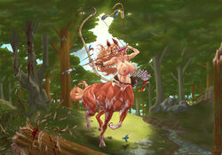 1girls areola arrow big_breasts blood bodily_fluids bow bow_(weapon) breasts centaur ear_piercing equid equid_taur eyelashes female female_only forest hair hi_res hooves mammal mammal_taur nipples nude outside piercing plasmidhentai pussy quiver ranged_weapon solo taur tree weapon