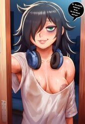 1girls ai_generated areola_slip areolae armpit armpit_fetish armpit_hair armpits bags_under_eyes bare_shoulders black_hair dark_areola english_text female female_armpit_hair female_focus female_only femcel green_eyes hairy_armpits headphones hi_res high_quality high_resolution highres kuroki_tomoko long_hair looking_at_viewer medium_breasts messy messy_hair off_shoulder petite renz3n shirt single_off_shoulder smile smirk solo speech_bubble sweat sweatdrop sweating sweaty sweaty_clothes talking_to_viewer texr text text_bubble tired tired_eyes watashi_ga_motenai_no_wa_dou_kangaetemo_omaera_ga_warui! wet_shirt