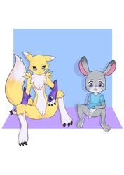 2girls anal anal_only anthro circumcised clothing crossover digimon disney female female_only flat_chest infibulation judy_hopps multiple_girls renamon zootopia