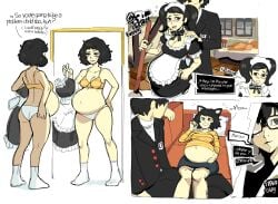 1boy1girl 1girls age_difference atlus becky_(persona) big_belly bloated_belly blush brown_eyes brown_hair cat_ears cleavage clothed clothing dressing embarrassed female female_focus game_ui getting_dressed grumpy lewdlemage maid maid_uniform male navel outie_navel panties persona persona_5 pregnant ren_amamiya sadayo_kawakami shoulder_rub teacher teacher_and_student text twintails underwear