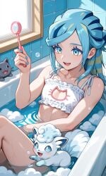 1boy ai_generated alolan_vulpix bath bathing bathroom bathtub blowing blowing_bubbles blue_eyes bra bubble_bath bubbles bulge cat_cutout femboy friends grusha_(pokemon) happy lingerie male nail_polish nails_painted otoko_no_ko panties playing playing_in_bathtub playing_with_bubbles pokemon thighs vulpix water