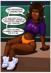 bare_legs big_breasts blackboard blush breasts brown_hair classroom clothed dark-skinned_female dark_skin dazed dialogue erect_nipples erect_nipples_under_clothes expressionless female female_only femsub horiizyn hypnosis large_breasts legs long_hair looking_at_viewer midriff mole navel no_pants on_table original panties red_eyes shirt sitting sneakers solo sparkle speech_bubble text thighs wide_hips