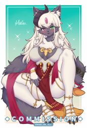 2023 alternate_version_at_source alternate_version_available anthro blush canid canine chains claws clothed clothing female fur furry furry_female furry_only gold_(metal) golden_chains heterochromia horn magu_mm_0824 tagme white_hair