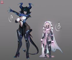 2girls chains character_sheet female female_only madoshii monster_girl nude
