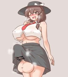1futa 1girls balls balls_out black_hat bottomless breasts brown_hair bulge bulge_through_clothing censored clothed clothing erection female futanari hat huge_balls huge_cock human intersex light_skin mostly_clothed no_bra renko_usami skirt standing sweat sweating tagme tenting touhou usami_renko water_noodle