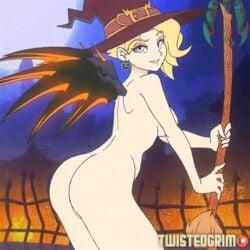 1girls 2d 2d_animation alternate_costume animated animated_gif ass ass_shake blizzard_entertainment broom broomstick female gif large_ass mercy overwatch solo tagme twistedgrim witch witch_hat witch_mercy