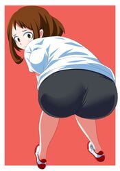 1girls ass big_ass big_breasts black_shorts bloomers breasts brown_eyes brown_hair buruma chelsea_cola eye_contact female gym_uniform looking_at_viewer looking_back medium_hair my_hero_academia ochako_uraraka shorts solo