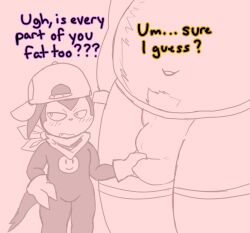 angoramon anthro bandai_namco baseball_cap belly big_bulge biped blush bulge bulge_grab clothing detailed_bulge digimon digimon_(species) duo english_text grope hat headgear headwear hi_res impmon kerchief lxzylux male male/male male_anthro navel neckerchief neckwear overweight size_difference text
