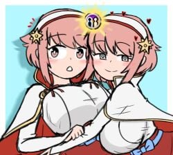 2girls blush bridal_gauntlets dual_persona female female_only fire_emblem fire_emblem_fates huge_breasts japanese_clothes light-skinned_female light_skin looking_at_viewer petelavadigger petelewddigger pink_eyes pink_hair sakura_(fire_emblem) short_hair smile surprised