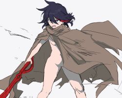 1girls black_hair breasts cape dated female hair_between_eyes highres holding holding_sword holding_weapon kill_la_kill matoi_ryuuko medium_breasts multicolored_hair nude pussy red_hair scissor_blade_(kill_la_kill) short_hair solo streaked_hair sword takatisakana two-tone_hair weapon wind wind_lift
