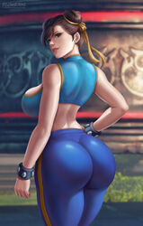 1girls ass backboob big_ass big_breasts breasts bubble_butt chun-li dat_ass female female_only flowerxl from_behind huge_ass large_breasts looking_at_viewer looking_back pants skin_tight solo standing street_fighter thick_thighs tight_pants wide_hips