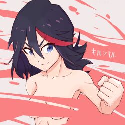 1girls black_hair bluearcadegames breasts clenched_hand collarbone commentary convenient_censoring copyright_name female hair_between_eyes highres kill_la_kill looking_at_viewer matoi_ryuuko multicolored_hair red_hair solo source_request streaked_hair topless_female translated two-tone_hair upper_body