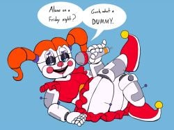1girls ass ass_focus bedroom_eyes blue_eyes breasts butt_focus circus_baby circus_baby_(fnaf) circus_baby_(original) clown clown_girl clown_makeup clown_nose crossed_leg dialogue female female_only five_nights_at_freddy's five_nights_at_freddy's:_sister_location flirting flirting_with_viewer meme meme_reference microphone not_porn red_hair robot robot_girl robot_joints silly smiling_at_viewer smug solo teasing teasing_viewer thick_thighs thighs twintails upskirt white_skin