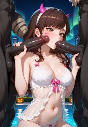 1girls ai_generated aurora brown_eyes brown_hair brunette_female brunette_hair cosplay d.va fellatio fellatio_gesture female genshin_impact giant_penis group group_sex halloween halloween_costume halloween_theme hilichurls_(species) long_hair male multiple_boys multiple_males outdoors overwatch penis pool poolside pretty pussy size_difference stockings vaginal_penetration wavy_hair