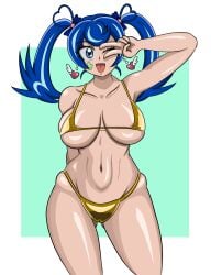 1girls ;d abdomen absurd_res armpits arms_up bikini blue_angel blue_eyes blue_hair curvy cyan_hair earrings face_paint female female_only full_body gold_bikini happy heart heart_earrings heart_hair_ornament hi_res huge_breasts large_breasts light_skin multicolored_hair nadlyadult one_arm_behind_back one_arm_up one_eye_closed open_mouth peace_sign smile solo standing stomach tattoo teenager thighs twintails yellow_bikini yu-gi-oh! yu-gi-oh!_vrains zaizen_aoi
