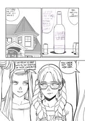 4girls alcohol anna_(tekuho) bimbo braces braided_hair braided_ponytail buckteeth comic drunk earrings glasses monochrome nerd sketch tagme teenager tekuho twin_braids vodka