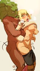 blonde_hair cra dark-skinned_male elf evangelyne female green_eyes green_hair interracial kenno_arkkan locked_arms prince_armand sadida tongue_out wakfu