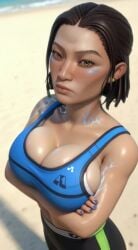 ai_assisted ai_generated alternate_breast_size apex_legends arms_behind_back bare_midriff bare_shoulders beach big_breasts blue_veins blush body_markings bounce bouncing bouncing_ass breasts brown_eyes brown_hair conduit_(apex_legends) ear_piercing electronic_arts eye_contact face_markings female fit fit_female freckles freckles_on_face glowing_tattoo high-angle_view huge_breasts large_breasts looking_at_viewer midriff minekezhe outdoors plump_breasts respawn_entertainment round_breasts shaking shaking_breasts short_hair skindentation slow_motion sports_bra sportswear tagme tattoo tattoos vein veins video