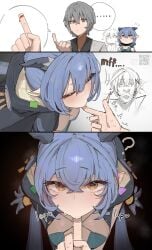 1boy 2girls azz0422 belle_(delicate_sunlight)_(zenless_zone_zero) belle_(zenless_zone_zero) blood breasts female female_focus goat_girl innuendo large_breasts light-skinned_female light_skin looking_at_viewer lucia_elowen male meme official_alternate_costume shocked sucking sucking_fingers suggestive wise_(soaring_crane)_(zenless_zone_zero) wise_(zenless_zone_zero) zenless_zone_zero
