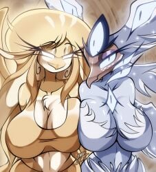 2girls alternate_version_available angel angel_girl angel_wings beak breasts casual_nudity cleavage clothed eyelashes feathers female female_only freckles glowing glowing_eyes hazbin_hotel heaven hellaverse huge_ass huge_breasts long_eyelashes long_hair looking_at_viewer no_bra nude revealing_clothes sera_(hazbin_hotel) seraph shy skylight_(artist) smile smiling speaker_of_god_(hazbin_hotel) teasing thick voluptuous voluptuous_female white_body wide_hips