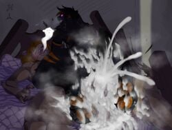 absurd_res anal anal_sex anthro ass balls bed bed_break big_ears big_penis black_body black_fur bodily_fluids broken_bed claws cum cum_in_ass cum_inside cum_on_bed cum_on_object cum_on_penis cumshot digital_media_(artwork) duo ejaculation erection excessive_cum excessive_genital_fluids feet felid feline femboy fur fur_markings furniture furniture_damage genital_fluids genitals hair hi_res humanoid_genitalia humanoid_penis lagomorph lazaxus leaking_cum leporid lion lucca_firebringer lying lying_on_bed male male/male male_penetrated male_penetrating male_penetrating_male mammal markings messy musk musk_cloud myles_black nude on_back on_bed open_mouth orgasm pantherine pawpads paws penetration penile penile_penetration penis rabbit riding saliva saliva_on_tongue saliva_string sex short_tail soul soul_leaving soul_leaving_body spiral spiral_eyes sweat tail teeth thick_thighs toes tongue tongue_out tuft